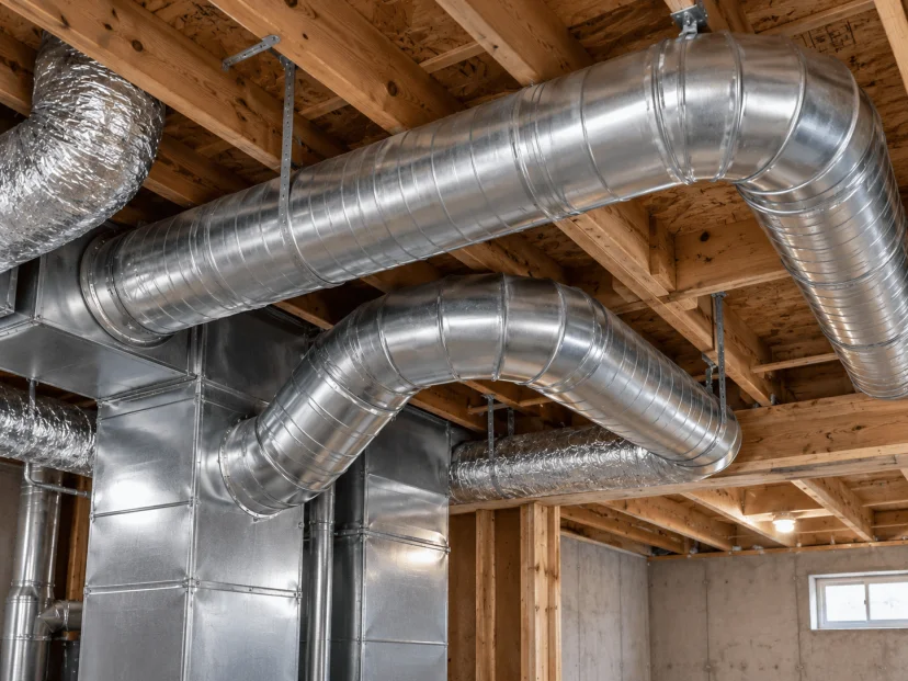 Metal HVAC ducts and connections exposed between timber ceiling joists