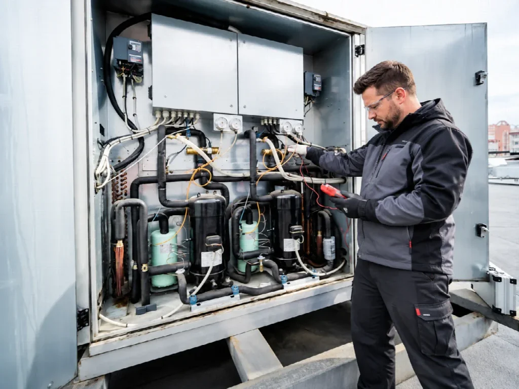 Technician servicing commercial refrigeration equipment.