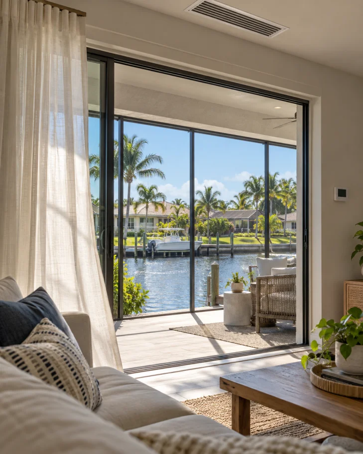 Waterfront Southwest Florida home overlooking a palm-lined canal