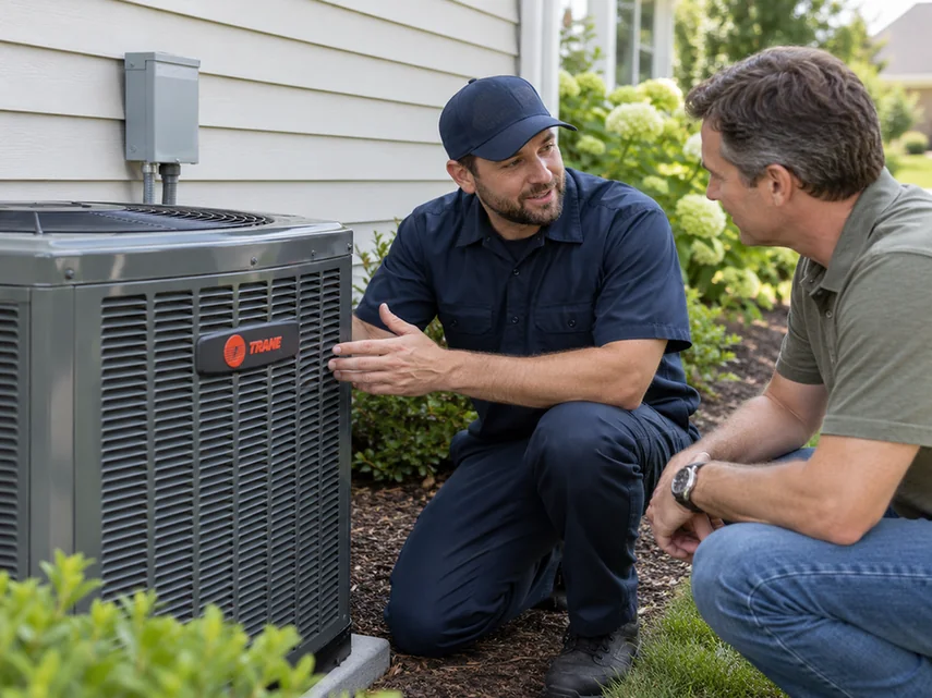 HVAC technician explaining air conditioner maintenance to a homeowner
