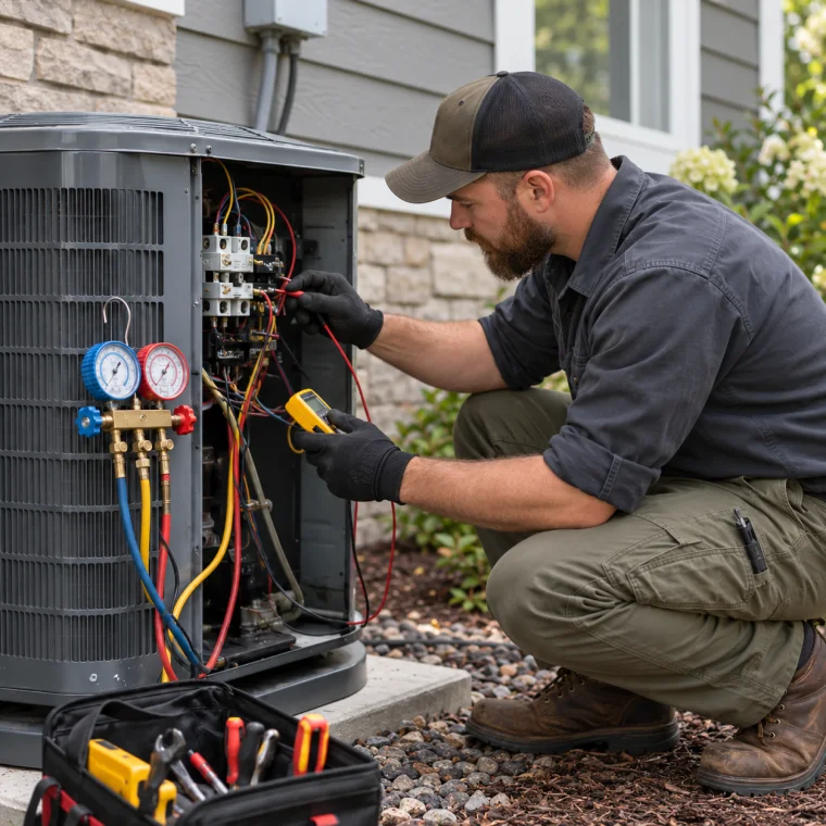 HVAC technician checking refrigerant pressure on an outdoor air conditioning unit