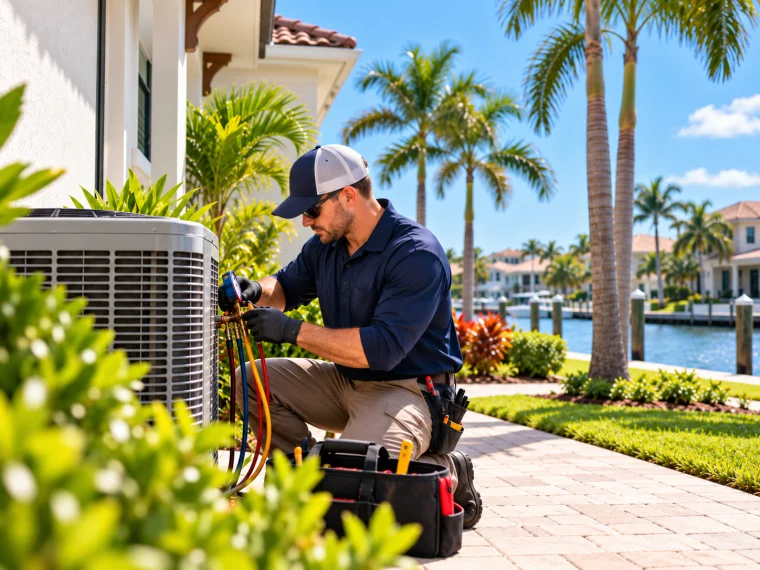 HVAC technician servicing an outdoor air conditioning unit in Southwest Florida