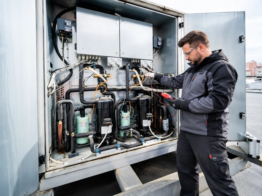 Refrigeration technician inspecting commercial refrigeration equipment